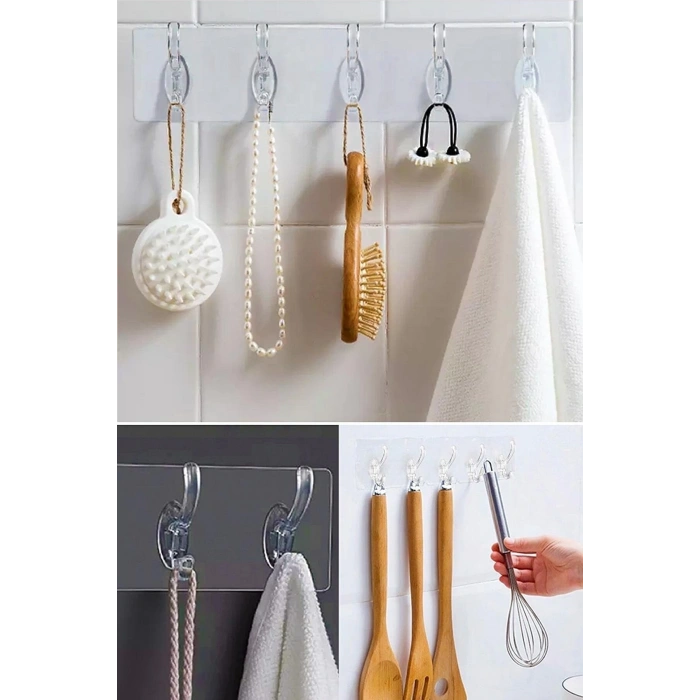 2 Adet Şeffaf Askılık Duvar Askısı 5li Iz Bırakmayan Güçlü Yapışkanlı Banyo Mutfak Kanca