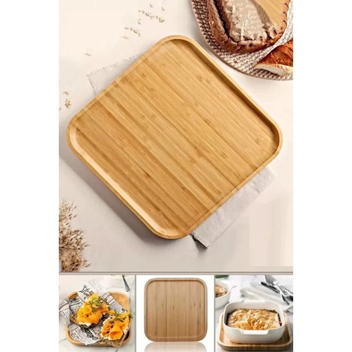 6lı Kare Bambu Gourmet Kahvaltı Tabağı Pasta Servis Sunum Tepsi İkramlık Ahşap Tabak