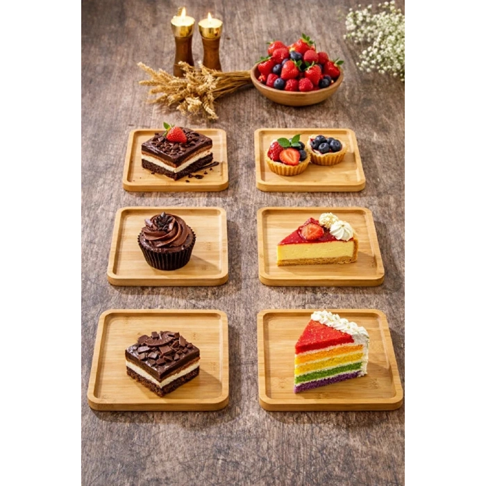 6lı Kare Bambu Gourmet Kahvaltı Tabağı Pasta Servis Sunum Tepsi İkramlık Ahşap Tabak