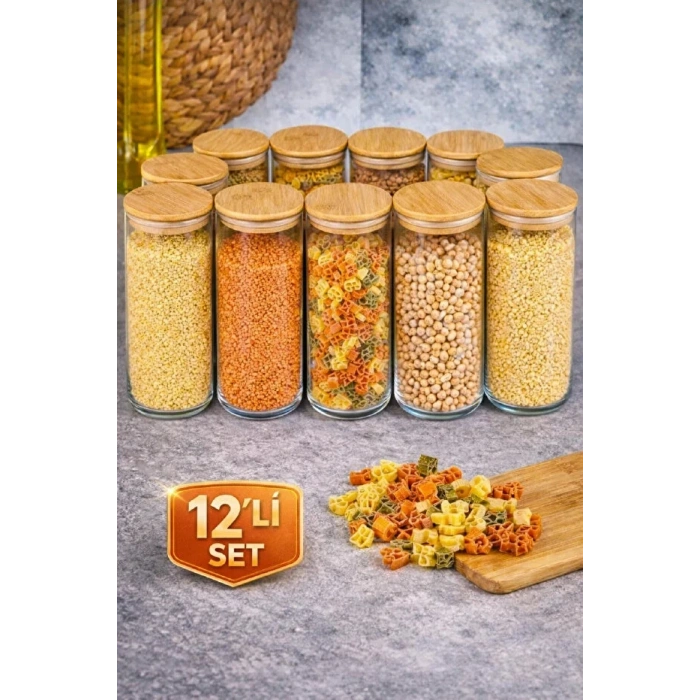 12li  Kavanoz Vakumlu Bambu Kapaklı Cam Kavanoz  Baharatlık Bakliyat Gıda Saklama Kabı Organizer