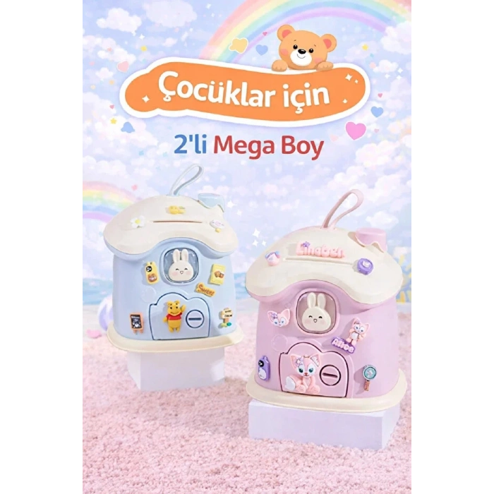 2 Adet Kumbara Mega Boy Sevimli Kawai Tarz Mavi Pembe Renk Ev Baca Kumbara Kilitli Kumbarası Sticker Hediye