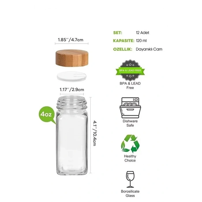 4’lü Baharatlık Set Stantlı Bambu Kapaklı Etiketli Cam Kare Formlu Baharatlık Takımı Serpme Başlıklı