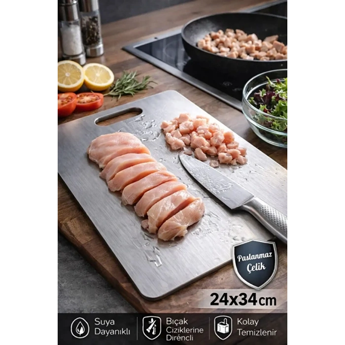 Çelik Paslanmaz  Metal Tezgah Koruyucu Kesme Çelik Tahtası Hamur Açma Tezgahı 23X34 Cm