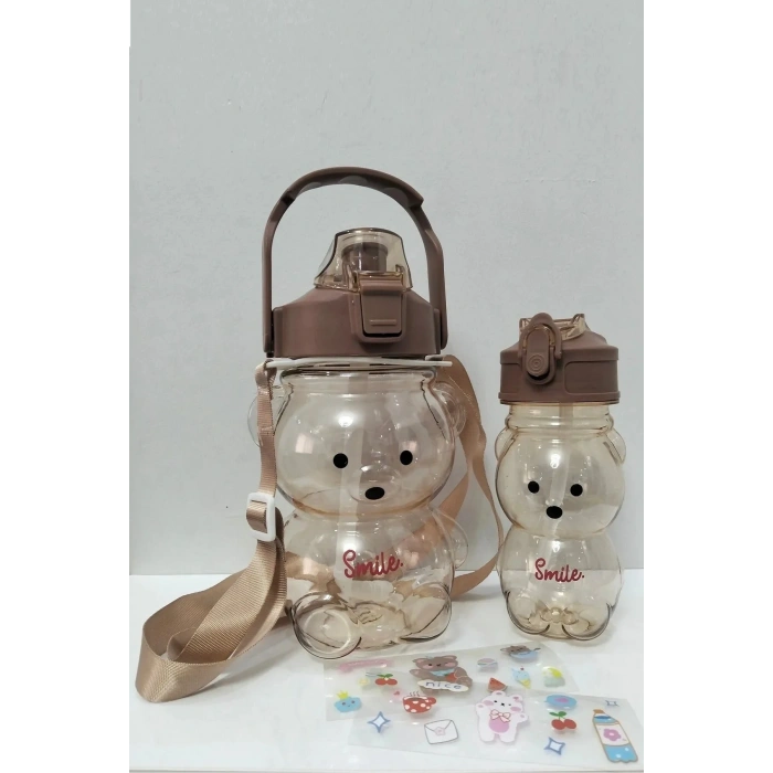 2li Ayıcık Şeffaf Smile Su Matarası 1000+400ml Çocuk Su Şişesi Pipetli Sızdırmaz Kapaklı Suluk Seti