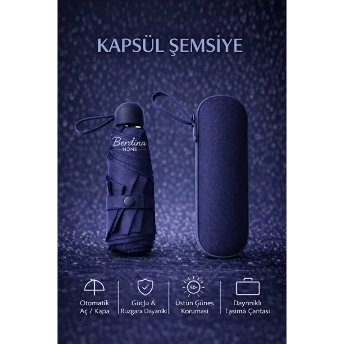 Şemsiye Kapsül Otomatik Aç Kapa Rüzgara Dayanıklı Taşıma Kılıflı Mini Çanta Boy Şemsiye