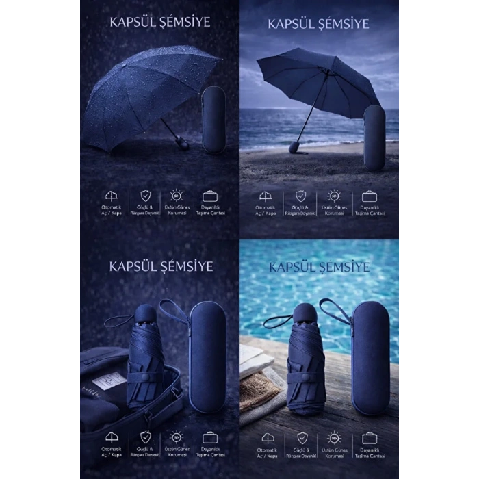 Şemsiye Kapsül Otomatik Aç Kapa Rüzgara Dayanıklı Taşıma Kılıflı Mini Çanta Boy Şemsiye