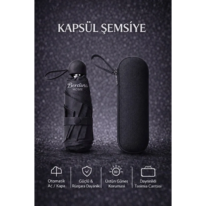 Şemsiye Kapsül  Otomatik Aç Kapa Rüzgara Dayanıklı Taşıma Kılıflı Mini Çanta Boy Şemsiye