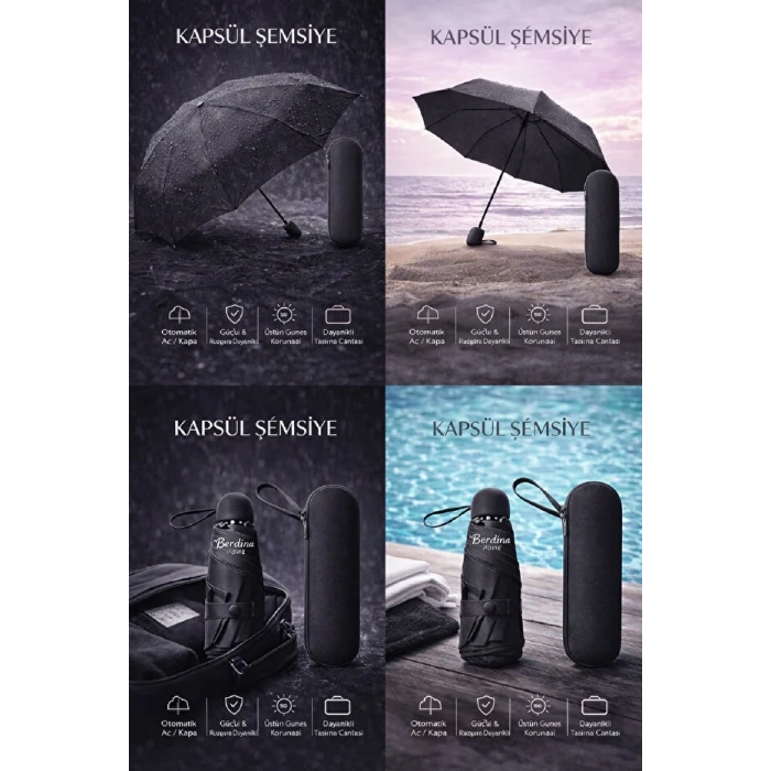 Şemsiye Kapsül  Otomatik Aç Kapa Rüzgara Dayanıklı Taşıma Kılıflı Mini Çanta Boy Şemsiye