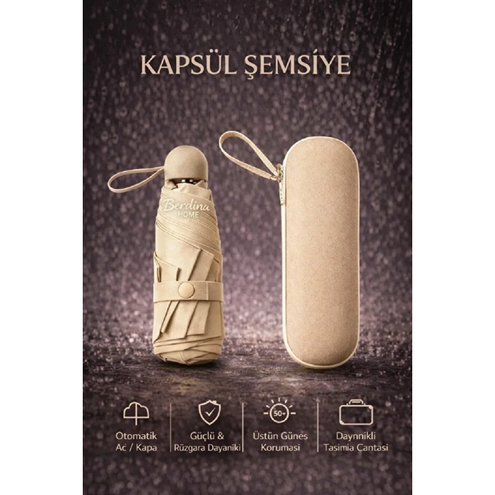 Şemsiye Kapsül Otomatik Aç Kapa Rüzgara Dayanıklı Taşıma Kılıflı Mini Çanta Boy Şemsiye