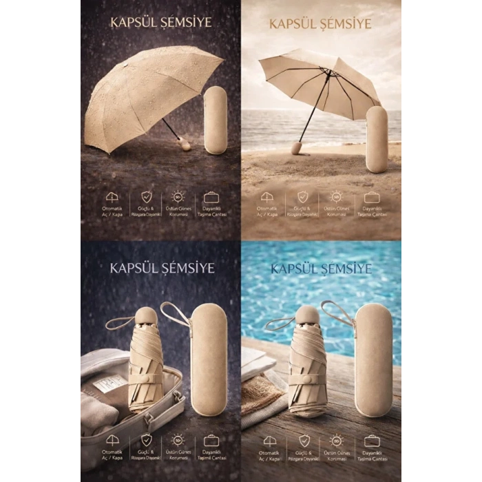Şemsiye Kapsül Otomatik Aç Kapa Rüzgara Dayanıklı Taşıma Kılıflı Mini Çanta Boy Şemsiye
