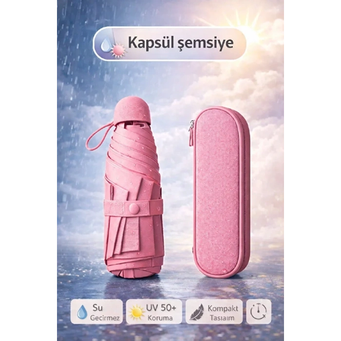 Kapsül Şemsiye Otomatik Aç Kapa Rüzgara Dayanıklı Taşıma Kılıflı Mini Çanta Boy Şemsiye-Pembe