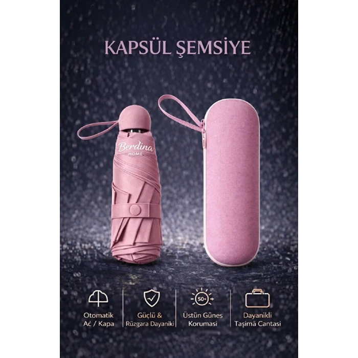 Kapsül Şemsiye Otomatik Aç Kapa Rüzgara Dayanıklı Taşıma Kılıflı Mini Çanta Boy Şemsiye-Pembe