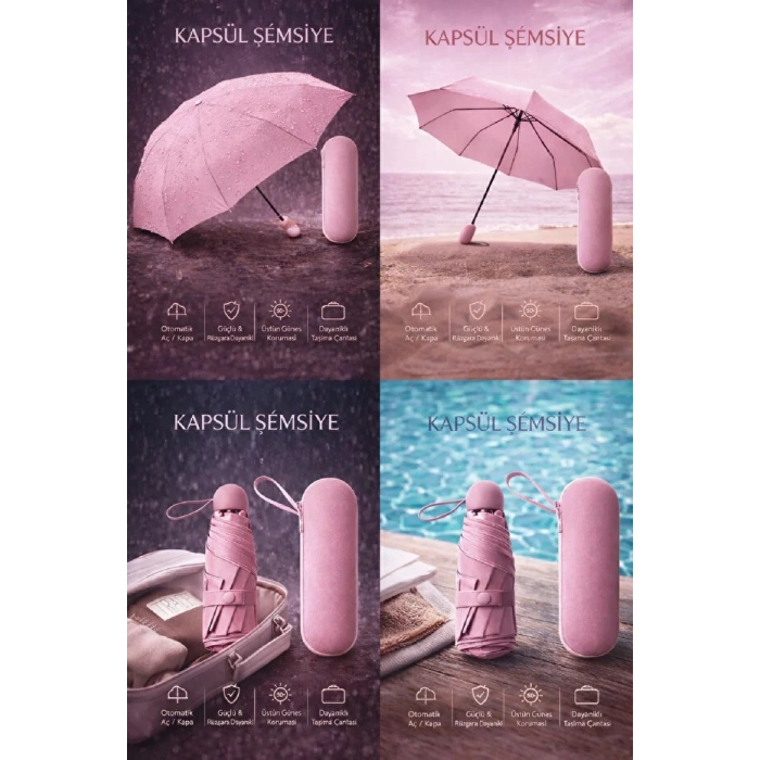 Kapsül Şemsiye Otomatik Aç Kapa Rüzgara Dayanıklı Taşıma Kılıflı Mini Çanta Boy Şemsiye-Pembe