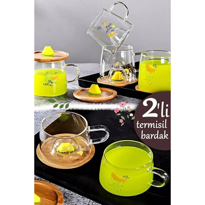 3D Figürlü Bardağı Kavunlu Figürlü Baskılı Sıcak Soğuk Borosilikat Cam Meşrubat Kupası Su Çay Bardağı Bambu