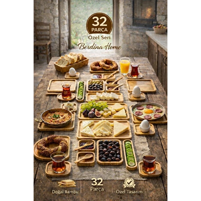 32 Parça Bambu Serisi Kahvaltı Seti 6 Kişilik Bambu Kahvaltı Takımı Sunum Servis Set Bambu Set