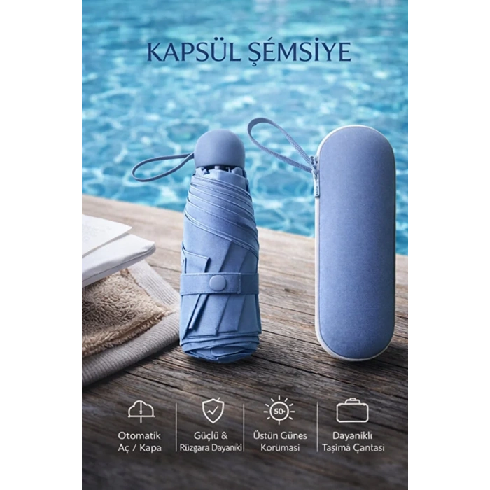 Şemsiye Kapsül  Otomatik Aç Kapa Rüzgara Dayanıklı Taşıma Kılıflı Mini Çanta Boy Şemsiye