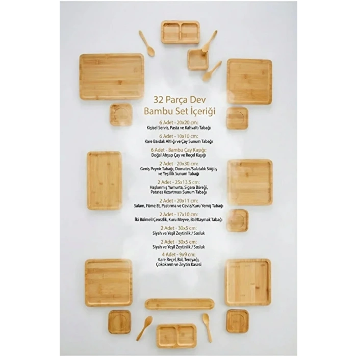 32 Parça Bambu Serisi Kahvaltı Seti 6 Kişilik Bambu Kahvaltı Takımı Sunum Servis Set Bambu Set