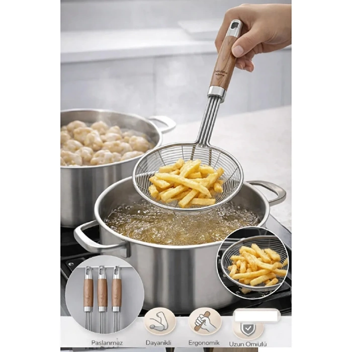 3’lü Kevgir Orta Boy Paslanmaz Çelik Tel Kevgir Seti Ergonomik Saplı Dayanıklı Mutfak Derin