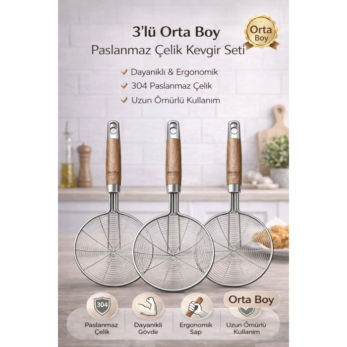 3’lü Kevgir Orta Boy Paslanmaz Çelik Tel Kevgir Seti Ergonomik Saplı Dayanıklı Mutfak Derin