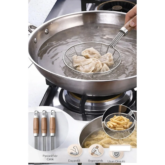 3’lü Kevgir Orta Boy Paslanmaz Çelik Tel Kevgir Seti Ergonomik Saplı Dayanıklı Mutfak Derin