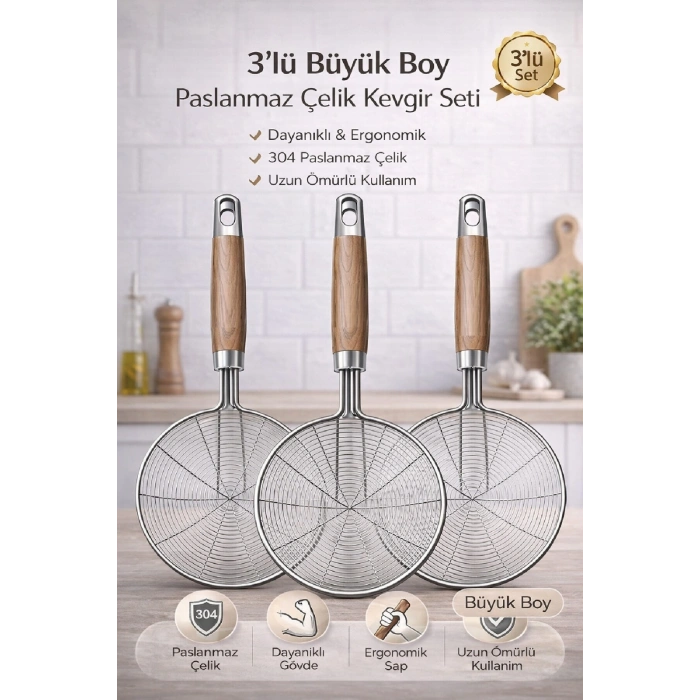 3’lü Kevgir Büyük Boy Paslanmaz Çelik Tel Kevgir Seti Ergonomik Saplı Dayanıklı Mutfak Derin Kevgir