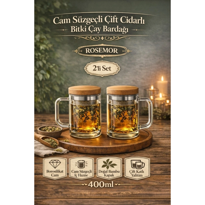 2li Borosilikat Çift Kat Bitki Çay Bardağı 400 lm Cam Süzgeçli Bambu Kapaklı Kupa Kulplu Demlik Modeli