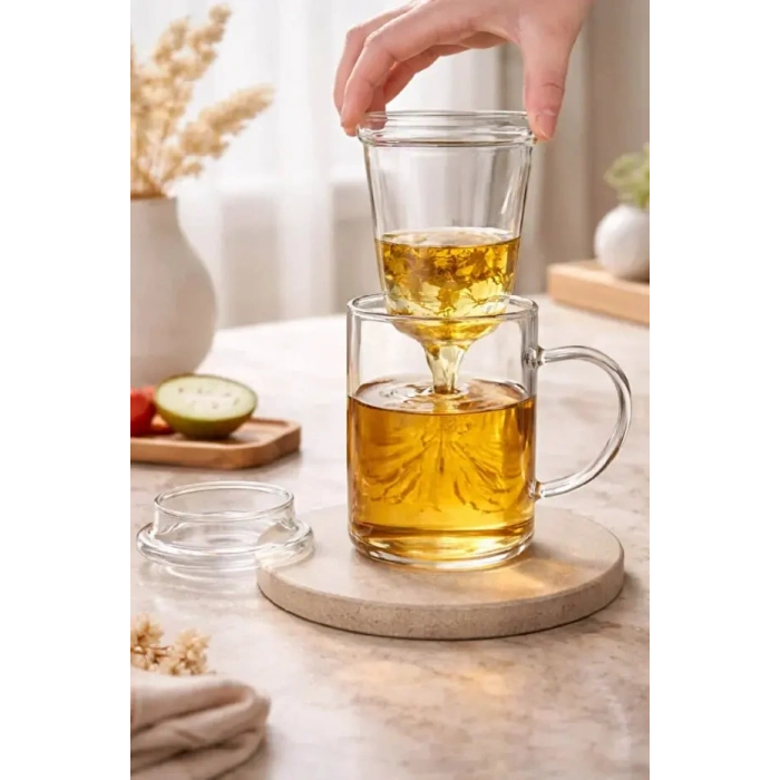 2li Borosilikat Çift Kat Bitki Çay Bardağı 400 lm Cam Süzgeçli Bambu Kapaklı Kupa Kulplu Demlik Modeli