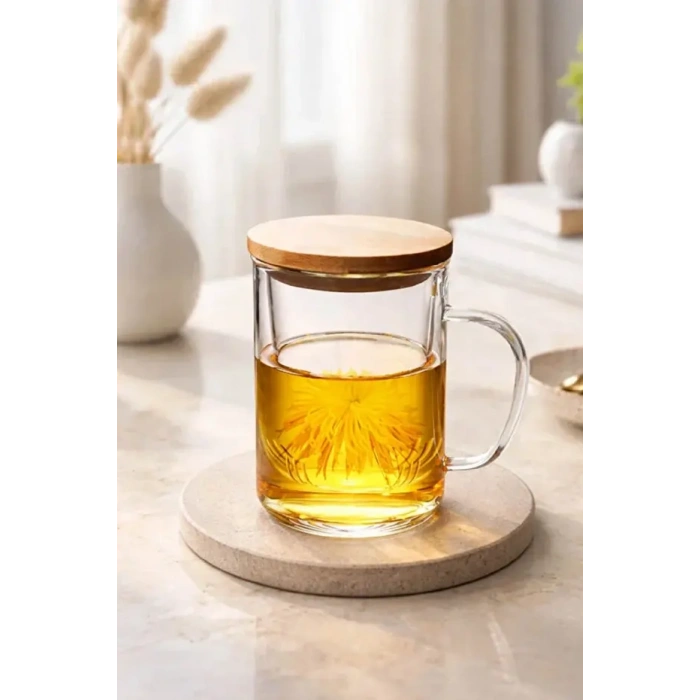 2li Borosilikat Çift Kat Bitki Çay Bardağı 400 lm Cam Süzgeçli Bambu Kapaklı Kupa Kulplu Demlik Modeli