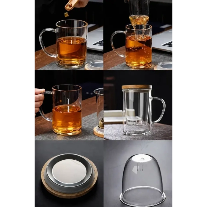 2li Borosilikat Çift Kat Bitki Çay Bardağı 400 lm Cam Süzgeçli Bambu Kapaklı Kupa Kulplu Demlik Modeli