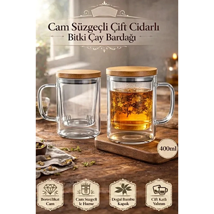 2li Borosilikat Çift Kat Bitki Çay Bardağı 400 lm Cam Süzgeçli Bambu Kapaklı Kupa Kulplu Demlik Modeli