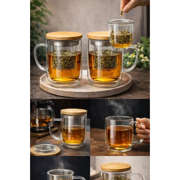 2li Borosilikat Çift Kat Bitki Çay Bardağı 400 lm Cam Süzgeçli Bambu Kapaklı Kupa Kulplu Demlik Modeli