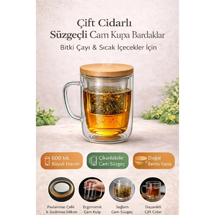 1 adet Süzgeçli Cam Kupa Bardak 400ml Çift katmanlı Isı Yalıtımlı Bambu Kapaklı Bitki Çayı Fincanı seti