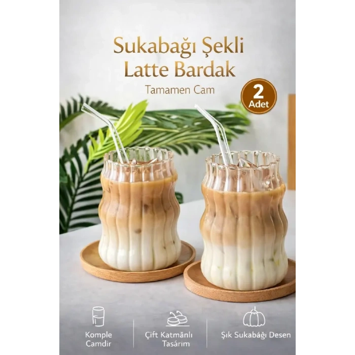 2li su kabağı  Bardak  Latte Kahve Kokteyl Sunum Bardağı 400ml  Sapaklı İskandinav Cam