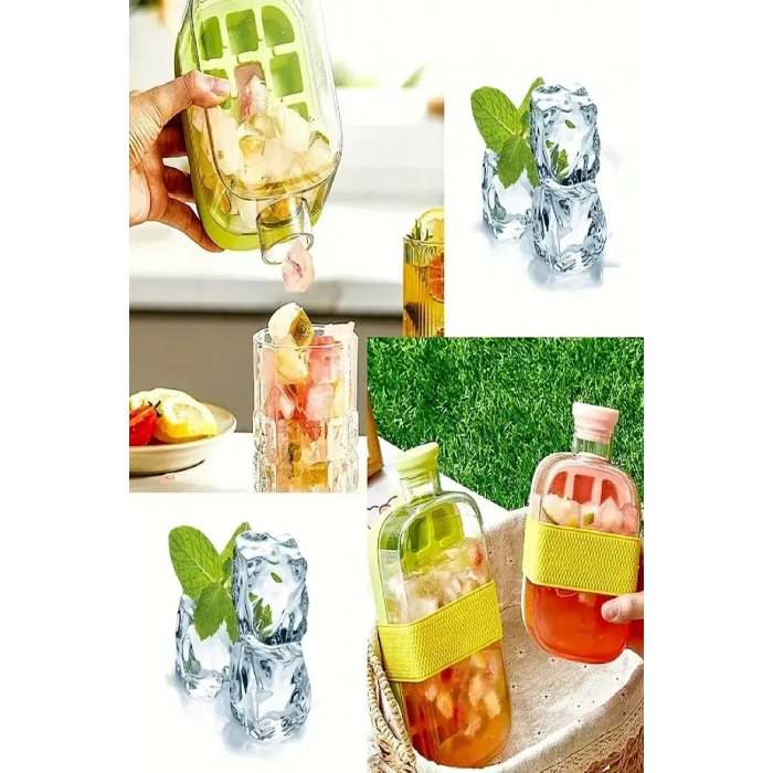 Basmalı  Otomatik Buz Kalıbı 18 Hazneli Buzluk Ve Pipetli Su Şişesi Kapaklı Buz Kalıbı 500 Ml Pembe