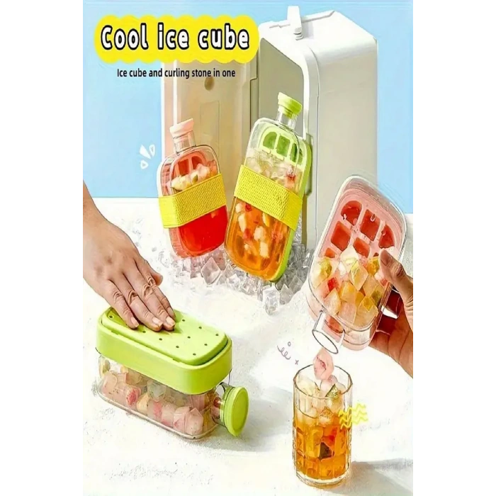Basmalı  Otomatik Buz Kalıbı 18 Hazneli Buzluk Ve Pipetli Su Şişesi Kapaklı Buz Kalıbı 500 Ml Yeşil