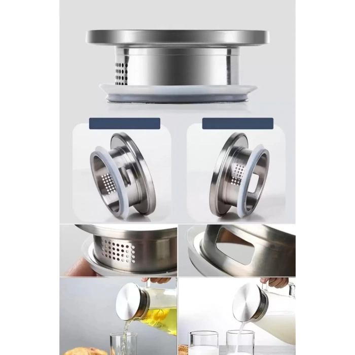 Borosilikat Cam Sürahi Karaf Kulplu Metal Kapaklı Sıcak Soğuk Kokteyl Meşrubat Sürahisi 1800 ml