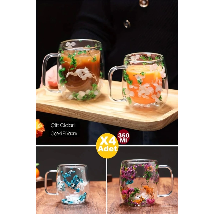 Çiçekli bardak  4lü Çift Cidarlı Çiçekli Flower Cup Bardak 350 ml El Yapımı Borosilikat Kulplu Kahve Sunum Bardağı