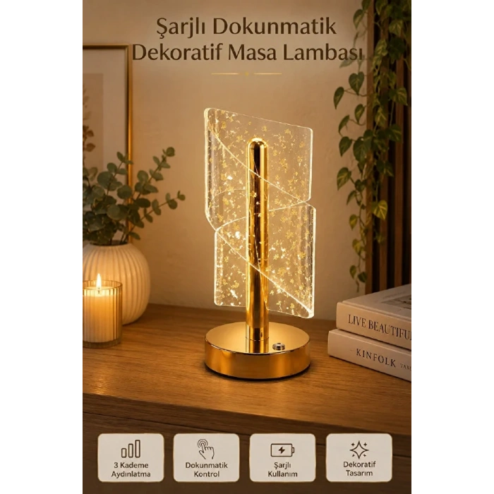 Gold  Masa Lambası Spiral Efektli Şarjlı LED Masa Lambası Akrilik Kristal Görünümlü Dekoratif Gece Lambası