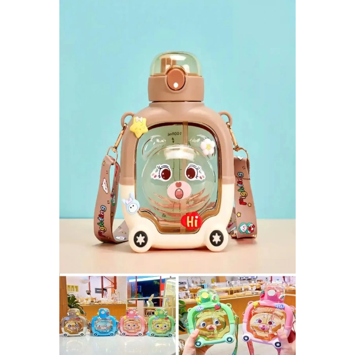 Su Matarası Suluk Sevimli Ayıcık Bpa İçermez Çocuk Okul Kapaklı Su Şişesi Sticker Figürlü 1000 ml