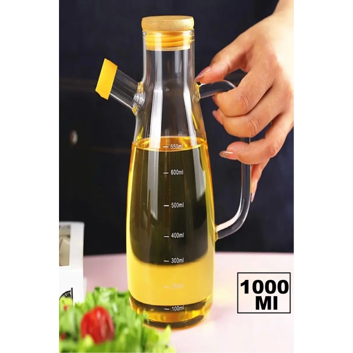 Yağdanlık 1000 ml Bambu Kapaklı  Borosilikat Cam Yağlık Sirkelik Şişesi Master Vakumlu Sosluk