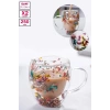 2li Çift Cidarlı Çiçekli Bardak  Kahve Çay 250ml Bardağı El Yapımı Kulplu Borosilikat Cam Bardağı
