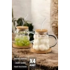 4lü Bambu Kapaklı Boncuk Üzüm Tanesi Bardak 350ml Isıya Dayanıklı Cam Pipetli Kahve Sunum