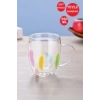 4lü Çift Cidarlı Tüylü Cup 350ml Çiçekli Bardak Kahve Çay Bardağı El Yapımı Kulplu Cam Bardak