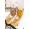 4’lü Baharatlık Set Stantlı Bambu Kapaklı Etiketli Cam Kare Formlu Baharatlık Takımı Serpme Başlıklı