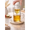 2li Borosilikat Çift Kat Bitki Çay Bardağı 400 lm Cam Süzgeçli Bambu Kapaklı Kupa Kulplu Demlik Modeli