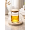 2li Borosilikat Çift Kat Bitki Çay Bardağı 400 lm Cam Süzgeçli Bambu Kapaklı Kupa Kulplu Demlik Modeli