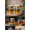 1 adet Süzgeçli Cam Kupa Bardak 400ml Çift katmanlı Isı Yalıtımlı Bambu Kapaklı Bitki Çayı Fincanı seti