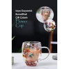 Çift Cidarlı Çiçekli Bardak Kahve Çay Bardağı  Flower Cup 350mlEl Yapımı Kulplu Cam Bardak
