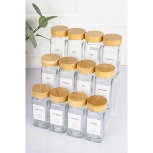 12li Bambu Baharatlık Seti Kapaklı Cam Etiket Hediyeli
