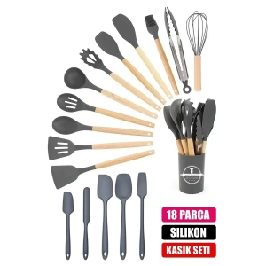 18Parça Silikon Kaşık Fırça Çırpıcı Spatula Maşa Kepçe Kevgir Servis Seti Bambu Saplı Mutfak Takımı